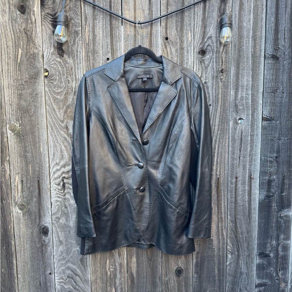 Lafayette 148 New York Leather and Merino Wool Button Front Blazer Jacket sz 8